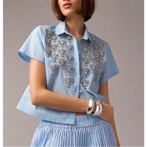 J. Crew Collection Cropped Button Up Shirt Embellishments Pinstripe 6